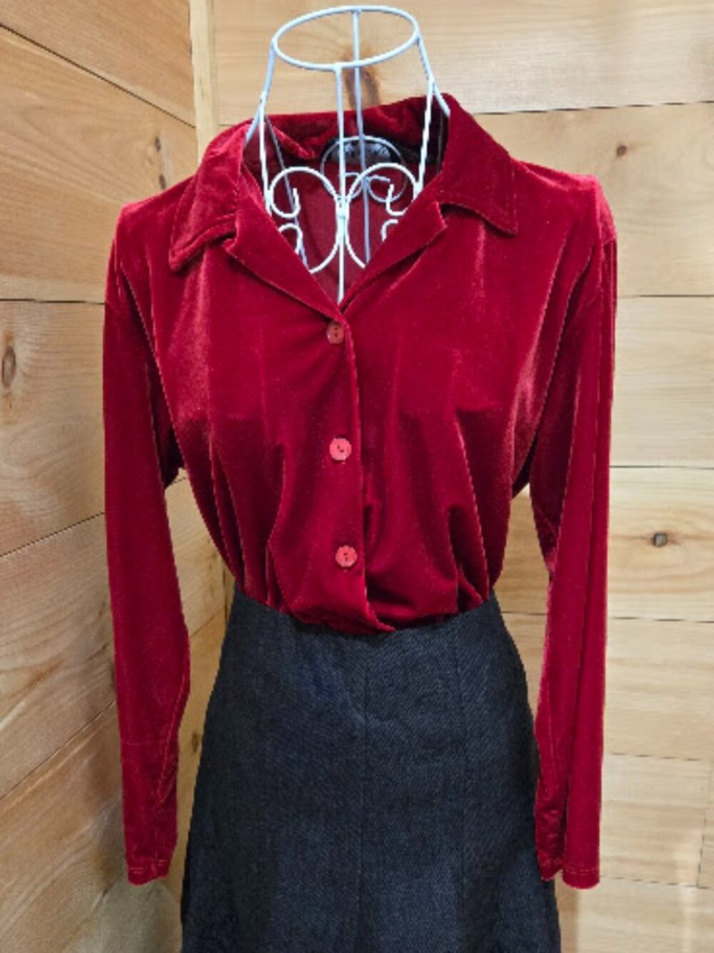Vintage Red Velvet Button Up Long-Sleeve Top - Petite Medium